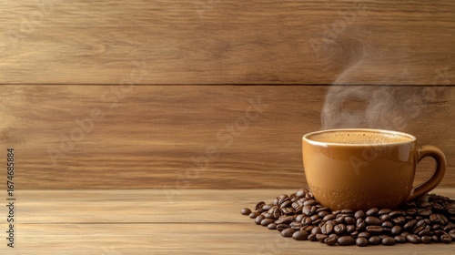Steaming coffee cup and beans on wooden table