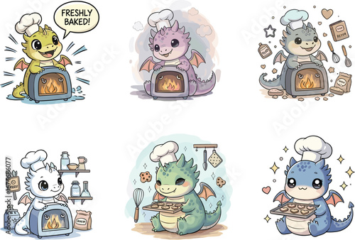 Flat vector illustration of cute baby dragon chef baking cookies, kitchen tools, oven, freshly baked, adorable fantasy character, cartoon style art
