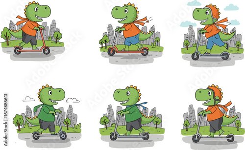 Happy green dinosaur riding electric scooter in city park, cartoon T-Rex with scarf and helmet, kids fun transportation, flat vector illustration
