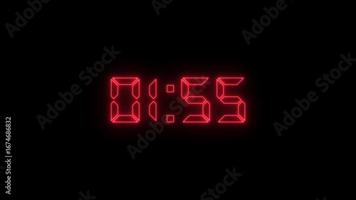 glowing neon 2 minute countdown animation from 120 seconds to 0 seconds. 2 minute countdown timer with alpha channel animation. 2 minute countdown on a transparent background