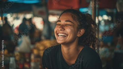 Joyful Laughter in Daily Life: A candid portrait captures a moment of pure, unadulterated joy as a person's face is alight with a genuine laugh. This image radiates happiness, depicting the simple.