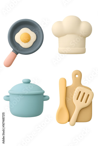 Cooking kitchen icons 3D clay pastel set isolated PNG chef hat frying pan egg saucepan spatula transparent background