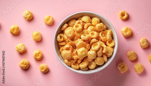 a bowl of honeycomb cereal on a pastel pink background with a few pieces scattered around the bowl
