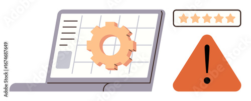Cogwheel on a computer screen reflects system settings, alongside a warning triangle and star rating panel. Ideal for workflow, error alert, system optimization, data quality, user experience, IT
