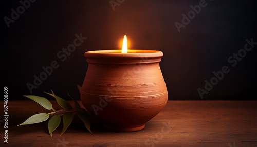 warm glow from a clay pot candle against a dark background in a calm setting