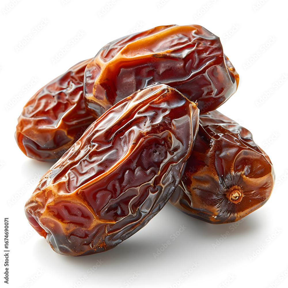 Obraz premium Premium studio shot showing A detailed image of three fresh, dried Um Al Maadi Al Riyadh dates on a pure white background. The dates are medium, dark brown, soft, with fine, even wrinkles. Arranged in