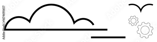 Stylized cloud over horizon, flying bird, and mechanical gears symbolizing harmony of nature, technology, and innovation. Ideal for sustainability, creativity, teamwork, strategy engineering