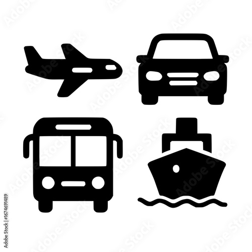 Travel icons airplane car bus ship transport symbols