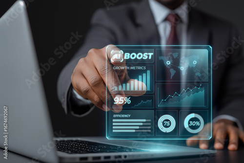 Wallpaper Mural Businessman interacting with a futuristic holographic interface displaying ai powered growth metrics, charts, and global connections, enhancing business strategies and decision making Torontodigital.ca