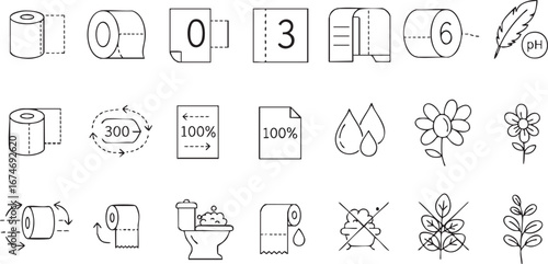 Toilet Paper Properties and Benefits Icon Set for Hygiene and Personal Care Products Cleanliness and Environmental Friendliness