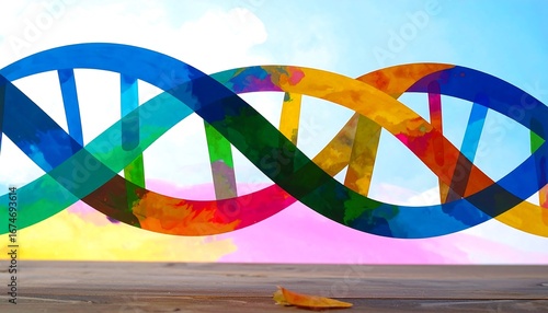 Colorful DNA double helix over a wooden surface with a leaf