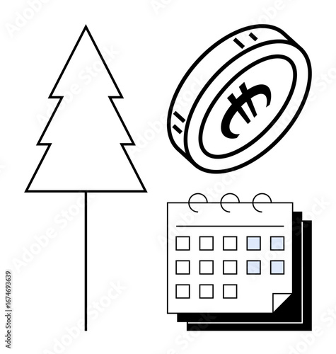 Tree, calendar with marked dates, and coin emphasizing sustainable practices, eco-conscious budgeting, and environmentally friendly commitments. Ideal for finance, calendaring, eco-planning
