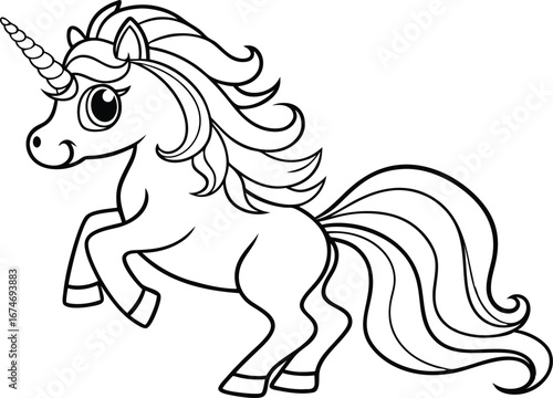 Elegant Unicorn Outline Drawing Standing Gracefully with Flowing Mane and Tail Ideal for Coloring Books and Creative Design Projects Featuring Mythical Creatures