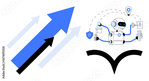Robot showcasing multitasking abilities surrounded by thematic icons thumbs up shield, cogwheel, and gear. Adjacent upward arrows symbolize growth, progress, and innovation. Ideal for technology