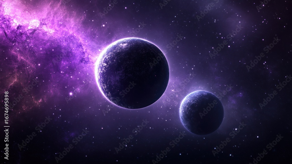 Fototapeta premium Two planets in purple nebula deep space