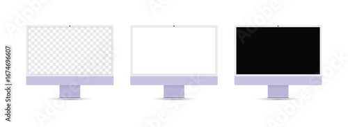Minimalist Purple computer monitor mockup set with transparent, white, and black screens, perfect for digital product display, branding, and web design presentations.	
