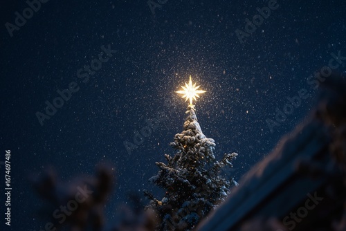 A glowing star atop a snowy Christmas tree illuminated against a dark winter night.