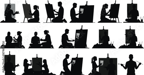 Artist painting silhouette illustration set, collaborative art, easel, creative work, painter at canvas, fine arts, studio, teaching, hobby, design