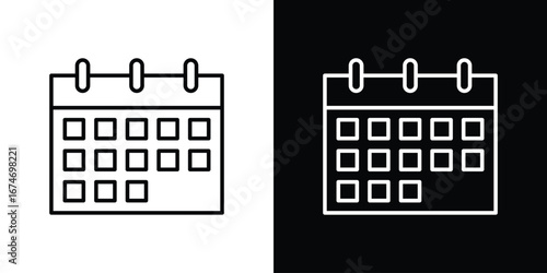 Calendar Icon in Line Art Style with White and Black Backgrounds