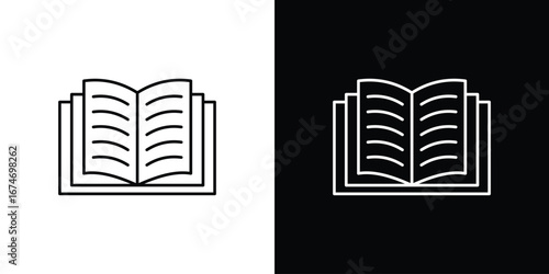 Open Book Icon in Line Art Style, Isolated on White and Black Background
