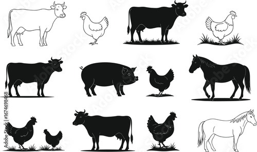 Farm animal illustration set, cow, chicken, pig, horse, livestock design, agriculture concept, rural life, farming, pasture, domestic animals