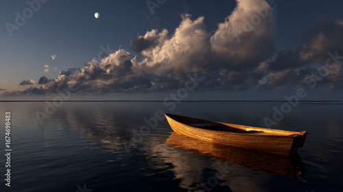 Tranquil night scene of a wooden boat floating on calm water under a moonlit sky with clouds
