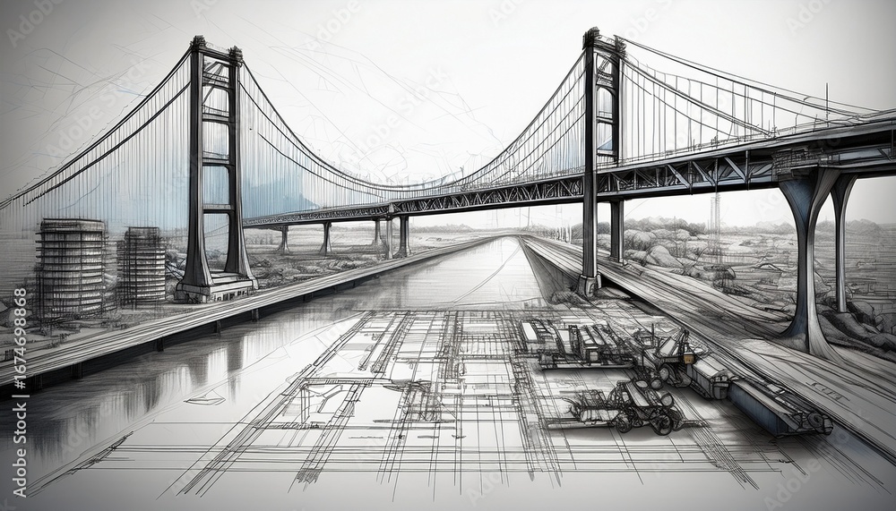 Fototapeta premium architectural sketch of bridge building process featuring engineering and design concepts