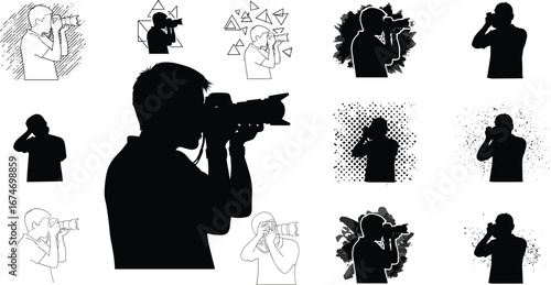 Photographer illustration set, camera shooting poses, artistic photography styles, creative design, taking pictures, hobby, profession, portrait, lifestyle, visual art