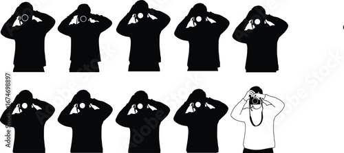 Photographer silhouette illustration set, camera shooting poses, photography concept, taking pictures, creative art, hobby, profession, portrait, lifestyle, action