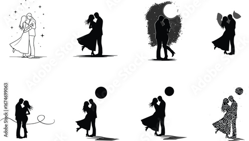 Romantic couple silhouette collection, kissing and embracing poses, love illustration, artistic design, relationship concept, passion, affection, romance, wedding, valentine theme