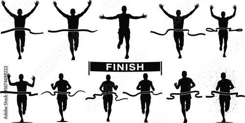 Runner silhouette illustration set, crossing finish line, race victory, marathon, sprint, athlete celebration, sports competition, winning moment, success, motion
