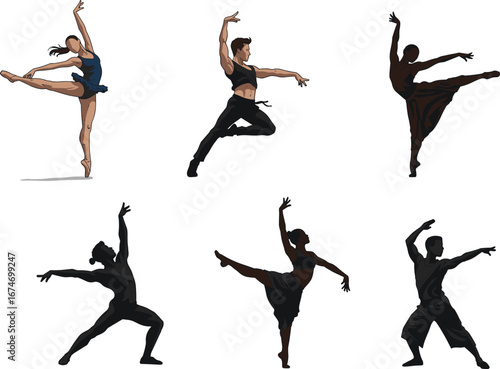 Silhouette and semi‑detailed dancers in dynamic poses, modern and classical dance movements, artistic choreography, expressive performance illustration for design