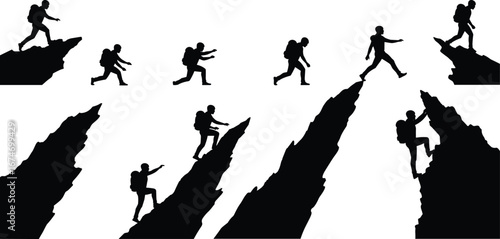 Silhouette climber with backpack ascending mountain peaks, hiking trekking, adventure sport, outdoor exploration, travel, challenge, perseverance, nature, extreme activity