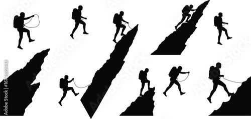 Silhouette climber with backpack using rope, mountain ascent and rappelling, adventure sport, outdoor exploration, travel, challenge, perseverance, extreme activity