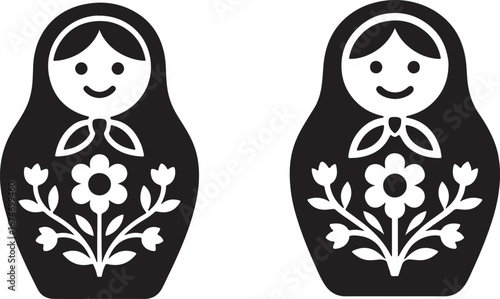 A russian matryoshka doll featuring floral patterns and a friendly face isolated silhouette vector icon logo style with white background 
