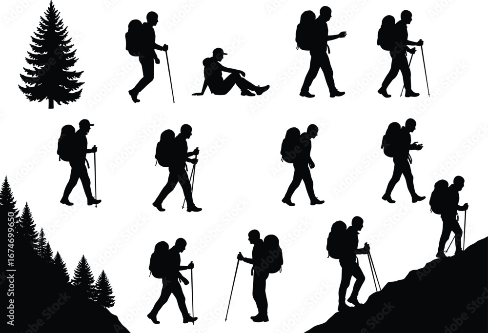 Obraz premium Silhouette hikers with backpacks and trees, trekking walking standing, outdoor adventure, nature exploration, travel, forest landscape, wilderness, hiking activity