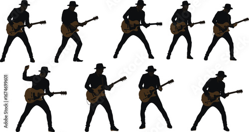 Silhouette electric guitar player with hat, rock musician poses, dynamic stage performance, live concert energy, artistic music illustration, expressive movement
