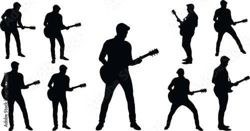 Silhouette electric guitar player poses, rock musician performance, dynamic stage movement, live concert energy, artistic music illustration, expressive guitarist stance