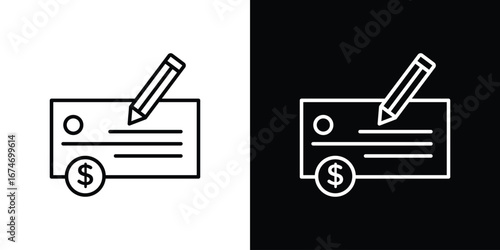 Money check icon. Minimalistic sign drawn with black and white lines