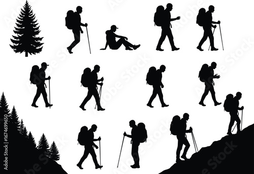 Silhouette hikers with backpacks and trees, trekking walking standing, outdoor adventure, nature exploration, travel, forest landscape, wilderness, hiking activity