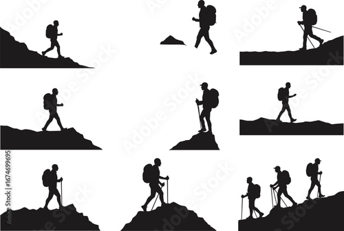 Silhouette hikers with backpacks in various poses, trekking uphill, downhill, flat terrain, outdoor adventure, nature exploration illustration for design