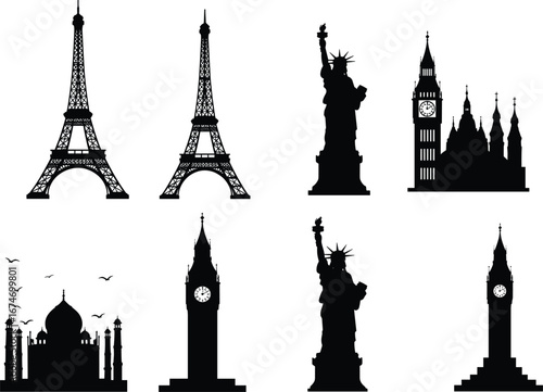 Silhouette landmarks of Eiffel Tower, Statue of Liberty, Big Ben, Taj Mahal, Saint Basil’s Cathedral, world famous architecture icons illustration