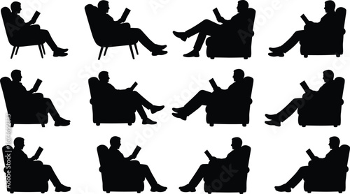 Silhouette man reading book in armchair, relaxed sitting poses, leisure activity, home interior, artistic illustration, comfortable furniture design reference