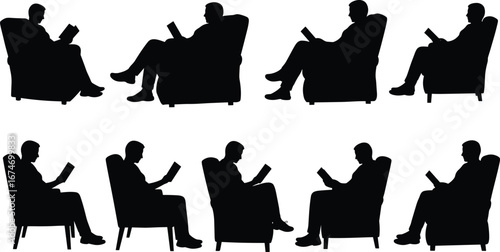 Silhouette man reading book in armchair, relaxed sitting poses, leisure activity, home interior, artistic illustration, comfortable furniture, casual posture