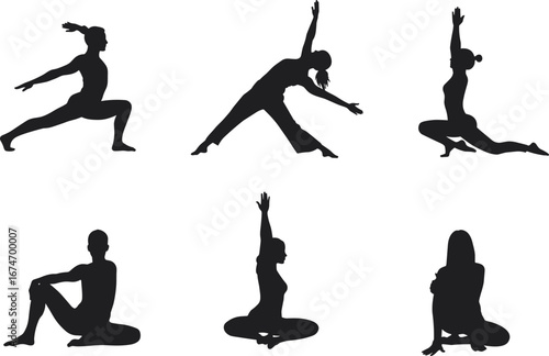 Silhouette yoga poses with lunge, triangle, seated positions, flexibility, balance, meditation, wellness, fitness illustration for health and lifestyle design