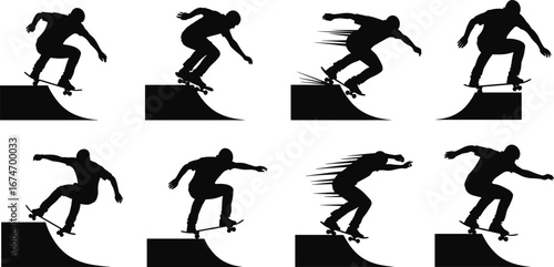 Skateboarder silhouette illustration set, ramp tricks, extreme sport, skateboarding jumps, stunt performance, urban lifestyle, action pose, street culture, youth