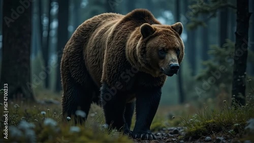 Majestic brown bear strolls through a serene forest.