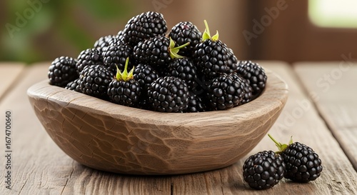Freshly picked ripe black mulberries piled high in a rustic wooden bowl on a weathered table with a soft natural background