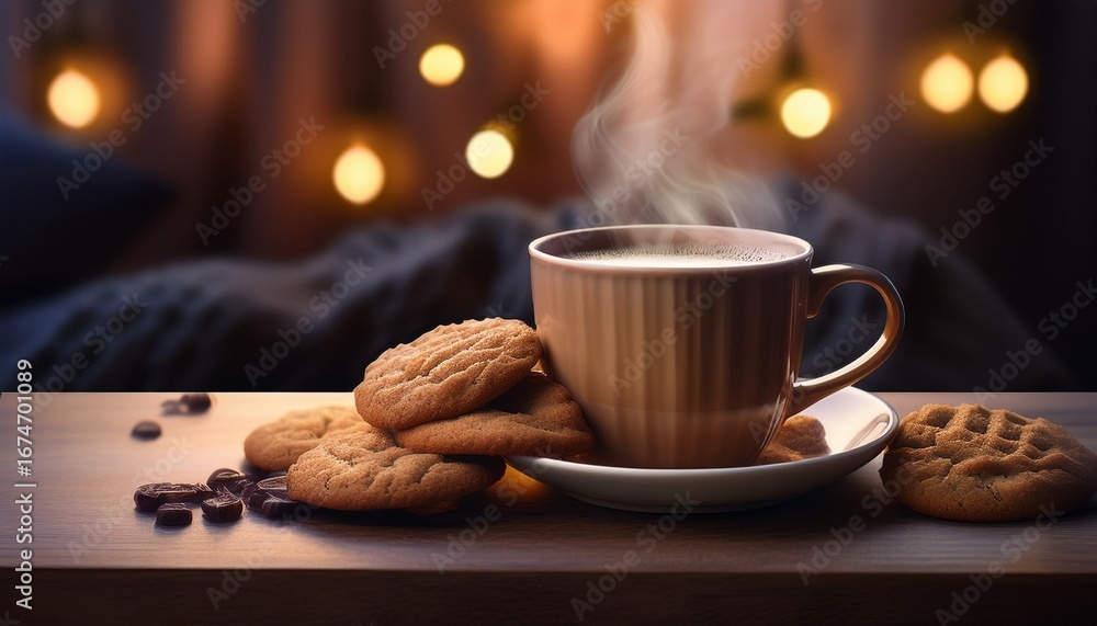 Obraz premium a cozy scene of a cup of coffee and cookies on a table cozy coffee cookies snack treat beverage break relaxation