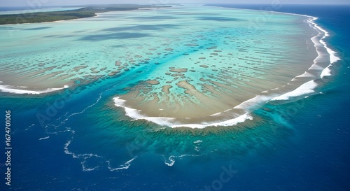 Fototapeta Naklejka Na Ścianę i Meble -  Aerial view of a vibrant turquoise coral reef system with clear blue ocean waters and white wave crests